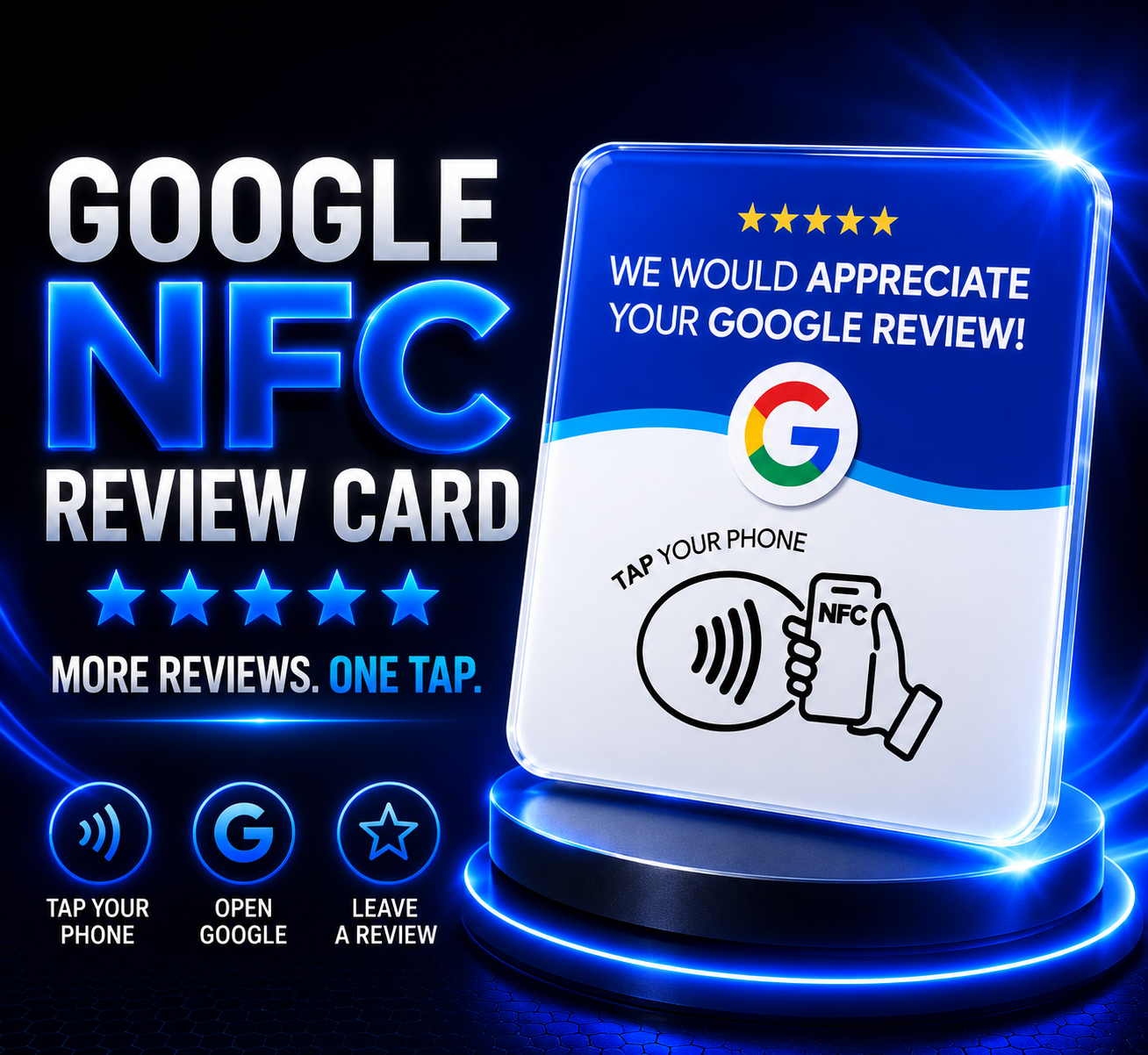 Blue Google review card with tap-your-phone instructions