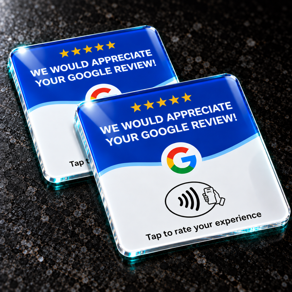 Two NFC review cards on a countertop.